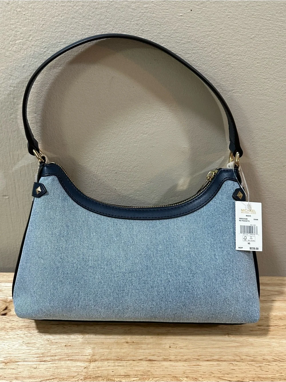 Michael Kors Light Blue Denim Shoulder Hobo Bag with Navy Leather Trim
